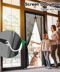 Upgraded Magnetic Screen Door With Full Strip Magnets shown on high traffic door with family and dog, close-up of mesh and magnets.