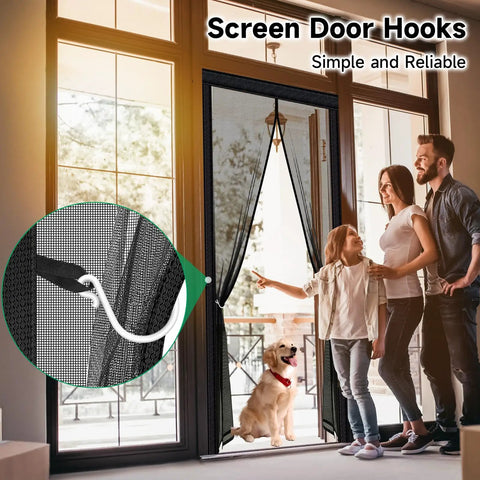 Upgraded Magnetic Screen Door With Full Strip Magnets shown on high traffic door with family and dog, close-up of mesh and magnets.