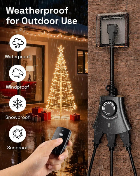 Weatherproof Remote Control Outlet With Dusk Till Dawn Photocell Timer And Three Grounded Plugs For Patio Lights Rain Or Shine, in use outdoors with lights.