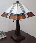 Mission Style Stained Glass Table Lamp, 23 Inch Tall, Blue White Brown Tiffany Inspired Hanging Light on a wooden nightstand