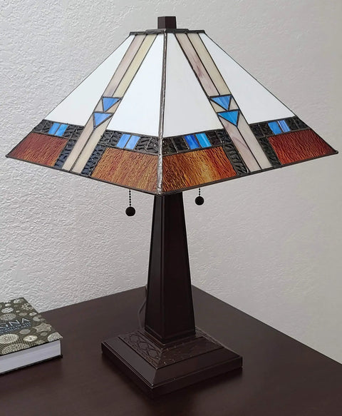 Mission Style Stained Glass Table Lamp, 23 Inch Tall, Blue White Brown Tiffany Inspired Hanging Light on a wooden nightstand