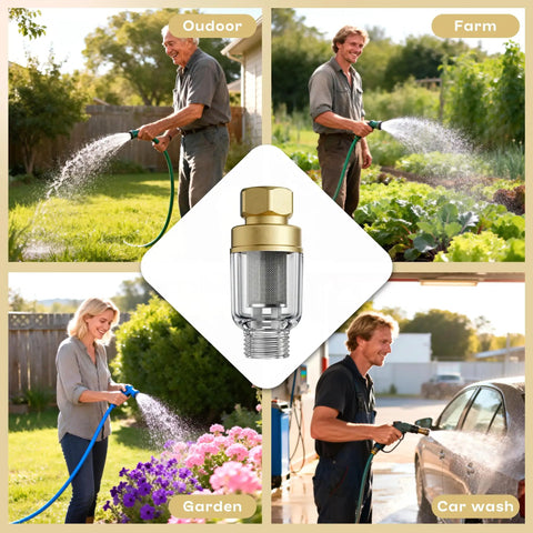 Collage of 2 Pack Brass Sediment Filter Reusable Washing Machine Water Filter 50 Micron for garden, farm, and car wash use