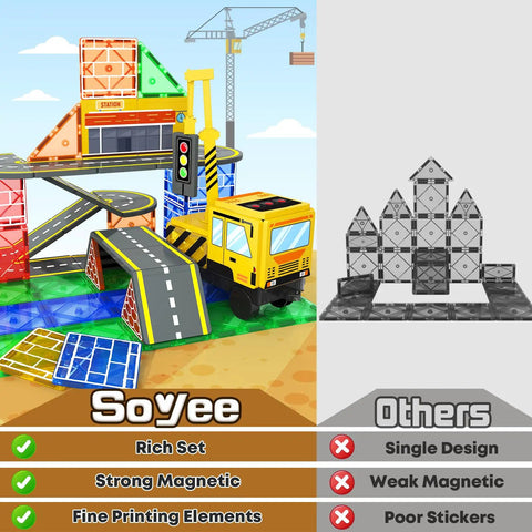Colorful Magnetic Tiles Construction Set with two cranes, road elements, and a yellow truck showcasing vibrant design and functionality.