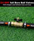 Full Port Brass Garden Hose Shut Off Valve With Butterfly Handle for 3/4 Inch GHT Threads shown installed on hose
