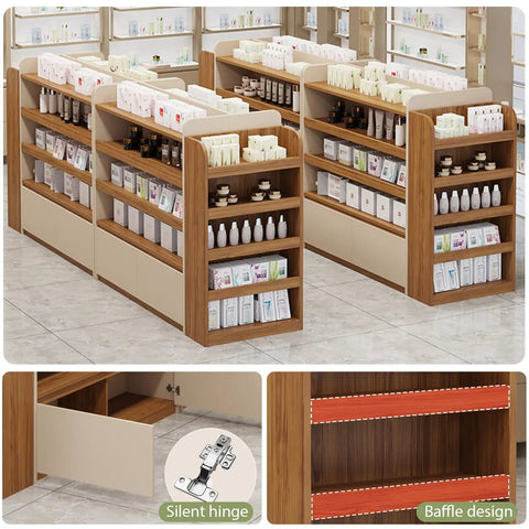 Heavy Duty Double Sided Gondola Shelving With Storage Cabinet Built Tough For Retail Shops And Boutiques Two Tone Commercial Rack Shop Ready Real Deal Display System