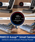 Smart Cordless Wet And Dry Vacuum Mop Combo Cleans Hard Floors Without Breaking A Sweat And Sweeps Up Stubborn Pet Hair Like A Boss With Auto Sensor Tech And Crisp Digital Screen, showing sensor and water usage display.