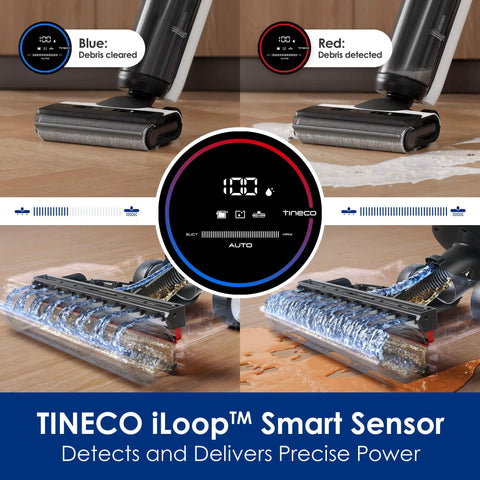 Smart Cordless Wet And Dry Vacuum Mop Combo Cleans Hard Floors Without Breaking A Sweat And Sweeps Up Stubborn Pet Hair Like A Boss With Auto Sensor Tech And Crisp Digital Screen, showing sensor and water usage display.