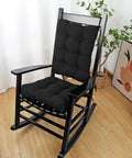 Cozy Up Rocking Chair Cushion Set With Tie Back Seat Cushion And Back Pillow Non Slip Woven Fabric Pads For Elderly Sitting Indoor Comfort 17 x 17 Inch Seat Cushion And 21.6 x 17 Inch Back Cushion Black in a rocking chair indoors.