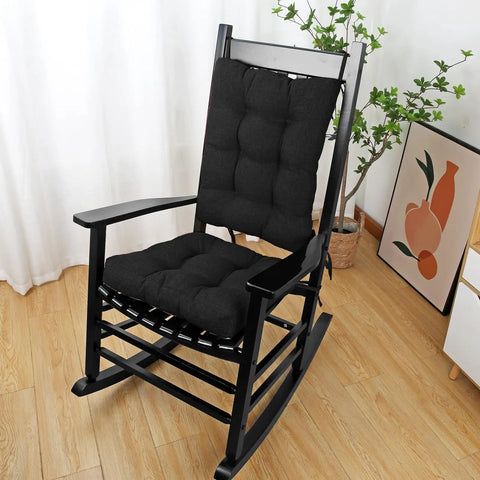 Cozy Up Rocking Chair Cushion Set With Tie Back Seat Cushion And Back Pillow Non Slip Woven Fabric Pads For Elderly Sitting Indoor Comfort 17 x 17 Inch Seat Cushion And 21.6 x 17 Inch Back Cushion Black in a rocking chair indoors.