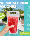 Clear Drink Pouches For Adults 16.9 Oz Freezable Reusable Bags With Straws Leakproof Party Ready For Juices Smoothies Mocktails And Alcohol At Parties - pouch held by the pool.