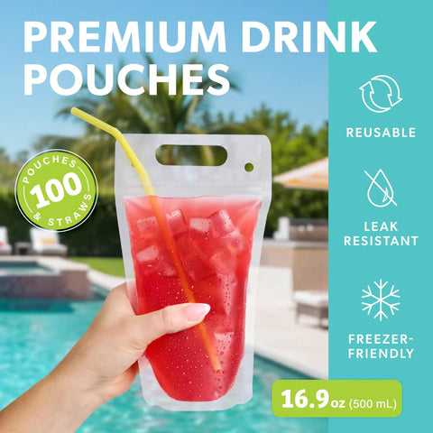 Clear Drink Pouches For Adults 16.9 Oz Freezable Reusable Bags With Straws Leakproof Party Ready For Juices Smoothies Mocktails And Alcohol At Parties - pouch held by the pool.