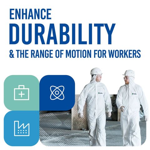 Two workers in white Hazmat Suits Disposable Coveralls for Medical Protection, Six Size Options, PPE Hazmat Suit walking.