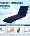 Waterproof Outdoor Chaise Lounge Chair Cushion With Non Slip Ties For Patio Furniture Comfy Thick Long Navy Blue Replacement Pad For Lawn Pool Wicker Couch Loveseat UV Resistant And Durable, navy cushion dimensions displayed.