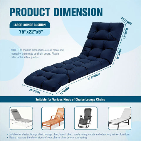 Waterproof Outdoor Chaise Lounge Chair Cushion With Non Slip Ties For Patio Furniture Comfy Thick Long Navy Blue Replacement Pad For Lawn Pool Wicker Couch Loveseat UV Resistant And Durable, navy cushion dimensions displayed.