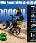 Rider on a Badass 9000W Dual Motor Fat Tire Ebike For Adults climbing sandy terrain, showcasing 42 MPH top speed and suspension.