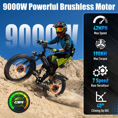 Rider on a Badass 9000W Dual Motor Fat Tire Ebike For Adults climbing sandy terrain, showcasing 42 MPH top speed and suspension.