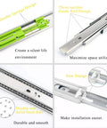 Soft Close Drawer Slides 20 Inch 5 Pairs 3-Section Full Extension Ball Bearing Side Mount Cabinet Drawer Slides 110 LB Capacity Zinc Plated Steel Heavy Duty Quiet Close Hardware showing double springs, guide rail, solid steel ball, and design features.