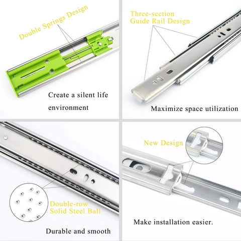 Soft Close Drawer Slides 20 Inch 5 Pairs 3-Section Full Extension Ball Bearing Side Mount Cabinet Drawer Slides 110 LB Capacity Zinc Plated Steel Heavy Duty Quiet Close Hardware showing double springs, guide rail, solid steel ball, and design features.