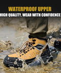 Men's Six Inch Waterproof Steel Toe Work Boots Built Tough for Construction and Industrial Jobs Yellow Safety Footwear ASTM F2413 24 Compliant Slip Resistant Outdoor Boots Size US 11 shown in wet conditions