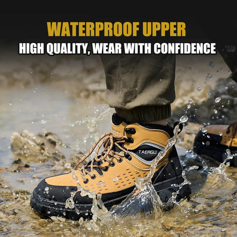 Men's Six Inch Waterproof Steel Toe Work Boots Built Tough for Construction and Industrial Jobs Yellow Safety Footwear ASTM F2413 24 Compliant Slip Resistant Outdoor Boots Size US 11 shown in wet conditions