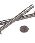 Three Eighths Inch By Five Inch Wedge Anchor 5 Pack Stainless Steel 304 Corrosion Resistant Commercial Grade With Washers And Nuts Included For Concrete And Marine Applications For Tough Projects showing two anchors and a quarter for scale.