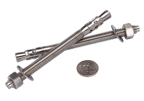Three Eighths Inch By Five Inch Wedge Anchor 5 Pack Stainless Steel 304 Corrosion Resistant Commercial Grade With Washers And Nuts Included For Concrete And Marine Applications For Tough Projects showing two anchors and a quarter for scale.
