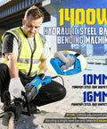 Heavy Duty 110V Hydraulic Rebar Bender 1400W Pure Copper Motor Portable Handheld Steel Rod Bending Machine in use with adjustable angle features.