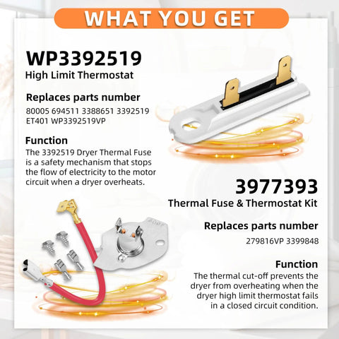 Top Notch Dryer Heating Element Replacement For 70 80 110 500 600 Series With Ni Cr Coil Durable Fast Even Heat Easy Install 1 Year Warranty And Long Lasting Performance, featuring WP3392519 high limit thermostat and 3977393 thermal fuse