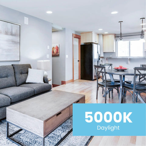 Living room with LED BR30 Flood Light Bulbs 650 Lumens 5000K Daylight Dimmable 10.5W illuminating modern space