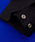Close-up of Flame Resistant FR Cotton Welding Jacket With Snap Front And Wrist Closures In Black And Blue, Size XXL