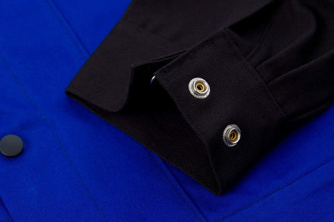 Close-up of Flame Resistant FR Cotton Welding Jacket With Snap Front And Wrist Closures In Black And Blue, Size XXL