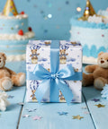 Gift wrapped in Blue Teddy Bear Hot Air Balloon Baby Wrapping Paper Roll For Baby Boy Birthday And Baby Shower Mini Roll 17 Inches By 32.8 Feet 46 Sq Ft Totally Cute Gift Wrap with blue ribbon.