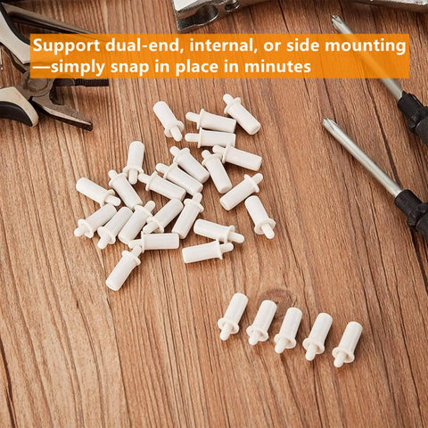 No Grunt Work Needed Spring Loaded Shutter Repair Pins For Plantation Blinds 30 Piece Replacement Kit on wooden surface.
