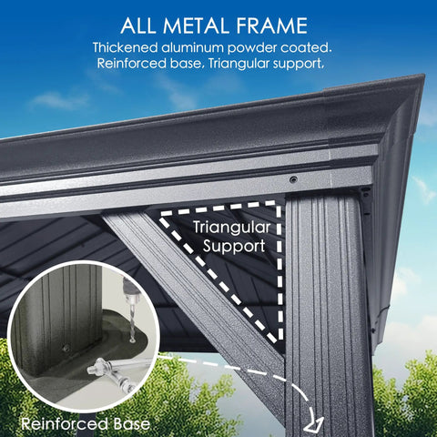 Close-up of 10 By 12 Foot Hardtop Gazebo With Rugged Aluminum Frame And Galvanized Steel Double Roof, showing triangular support.