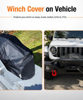 Super Durable Waterproof Winch Cover With Zipper on vehicle, black vinyl protecting mounted winch from debris on truck.