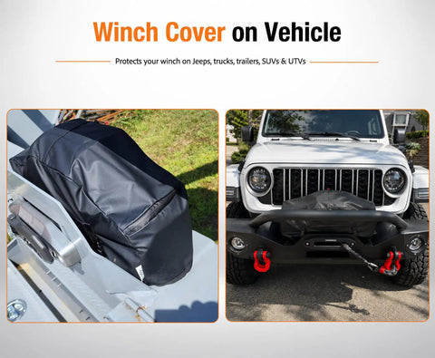 Super Durable Waterproof Winch Cover With Zipper on vehicle, black vinyl protecting mounted winch from debris on truck.