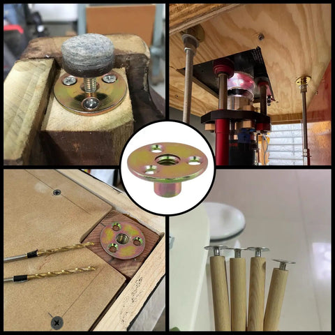 Built Tight 1/4 Inch Round Base T Nuts With Screws Heavy Duty Steel Brad Hole Hardware For Wood Furniture And DIY Work No Sweat Install Knockout Quality Real Deal 12 Piece Kit installed in various wood applications.