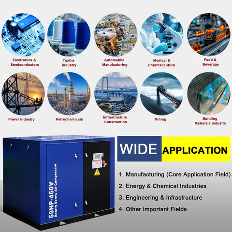 Gingine Industrial 50HP Rotary Screw Air Compressor, Heavy Duty 220CFM Fixed Speed System, 125 PSI, 460V 3Phase 60Hz For Factory And High Volume Production Line Uses