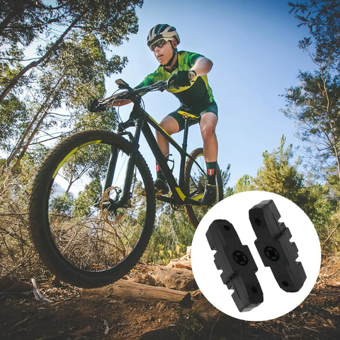 Cyclist on mountain trail, inset shows Two Pairs Bicycle Brake Pads Replacement For HS11 HS22 HS24 HS33, Durable Rubber Pads