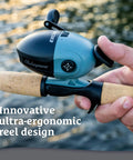 Person holding Excursion 10 Spincast Fishing Reel With Ultra Ergonomic Design Stamped Steel Handle Arm Pre Spooled With Stren Line.