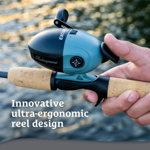 Person holding Excursion 10 Spincast Fishing Reel With Ultra Ergonomic Design Stamped Steel Handle Arm Pre Spooled With Stren Line.