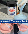 Legit Invisible Waterproof Sealant That Blocks Every Leak On Roofs Walls Windows And Showers With A Clear Water Base Shield; 141 fl oz can being poured.