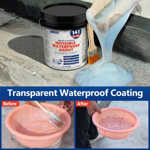 Legit Invisible Waterproof Sealant That Blocks Every Leak On Roofs Walls Windows And Showers With A Clear Water Base Shield; 141 fl oz can being poured.
