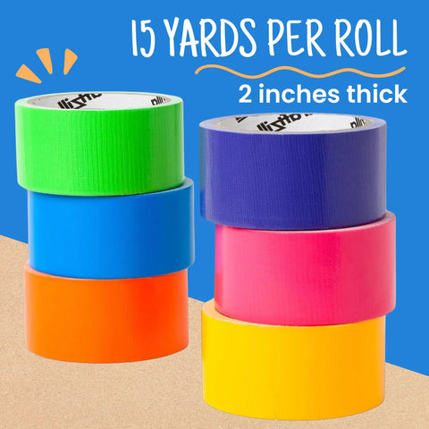 Stack of colorful duct tape rolls, 15 yards each, 2 inches thick, vivid rainbow palette style for arts and crafts, labeling, and DIY decor.