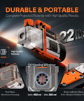 Front view of VIVOHOME VG Series AC vacuum pump with gauge kit; orange and silver unit, 3/4 HP, 7.2 CFM with hoses.