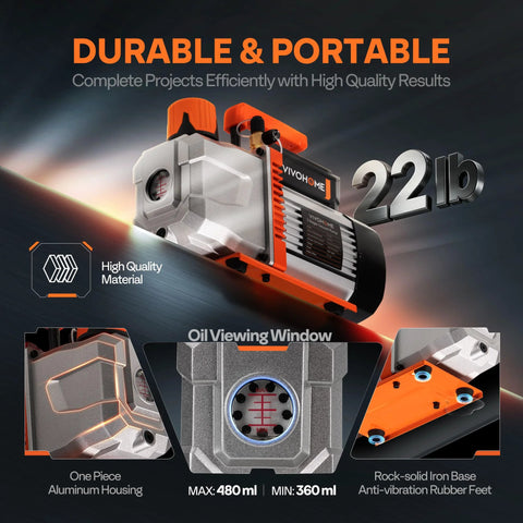 Front view of VIVOHOME VG Series AC vacuum pump with gauge kit; orange and silver unit, 3/4 HP, 7.2 CFM with hoses.