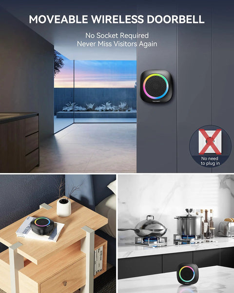 Ultra Long Range 1300 Feet Wireless Doorbell With RGB Alarm Lighting, Battery Powered, IP66 Waterproof, 60 Plus Chimes, 5 Level Volume, Portable Receiver For Home Office Classroom And Business, 4.5 Year Battery Life, wall-mounted and portable receiver