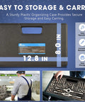 Carrying case for 39 Piece Tap And Die Set For Threads Metric And SAE Kit with dimensions labeled on the case