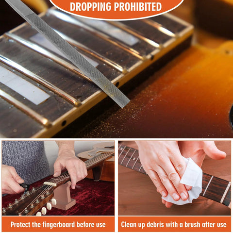 Fret end dressing file set for guitars (2 pcs); metal deburring files to round sharp frets on the fretboard