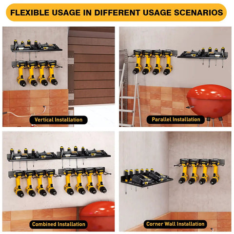 Heavy Duty Wall Mount Tool Organizer Four Pack Set with dual racks and drill slots in various setups for garage use